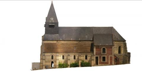 Orthophoto d'une façade de l'église de Ricquebourg issue de la photogrammétrie par le cabinet C.T.A (Caroline THIBAULT architecte - activité drones BTP)