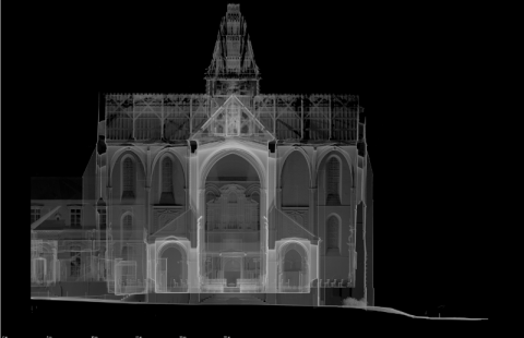 Coupe sur le transept de l'église de Ham grâce à la technique de la lasergrammétrie par le cabinet d'architecte C.T.A Caroline THIBAULT architecte