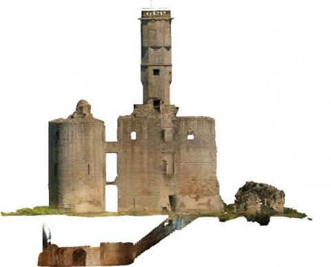 Orthophoto coupe d'une façade et des caves des vestiges du château de Folleville dans la Somme grâce à la technique de la numérisation par photogrammétrie (Drones et appareil photo) par le cabinet d'architecte (C.T.A Caroline THIBAULT Architecte)