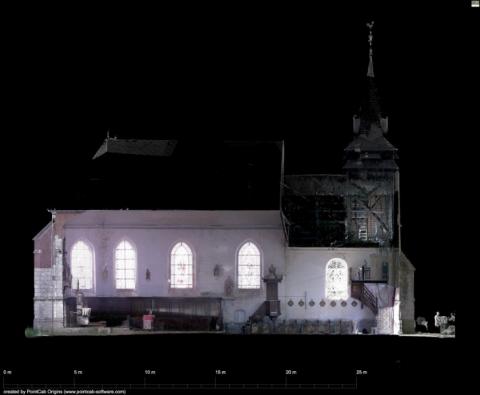 Orthophoto coupe longitudinale issue de la lasergrammétrie de la nef de l'église d'Esclainvillers par Caroline THIBAULT architecte