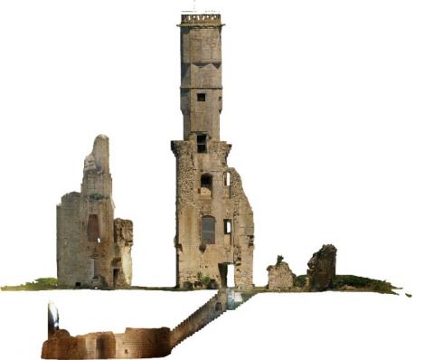 Orthophoto d'une façade des vestiges du château de Folleville dans la Somme grâce à la technique de la numérisation par photogrammétrie (Drones et appareil photo) par le cabinet d'architecte (C.T.A Caroline THIBAULT Architecte)