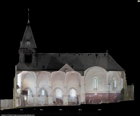 Coupe longitudinale issue de la lasergrammétrie de l'église de Ricquebourg par le cabinet C.T.A (Caroline THIBAULT architecte - Drones BTP)