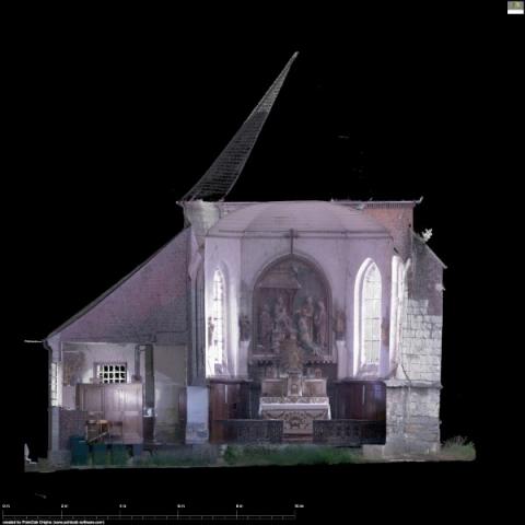 Orthophoto coupe au niveau du chevet issue de la lasergrammétrie de l'église d'Esclainvillers par Caroline THIBAULT architecte
