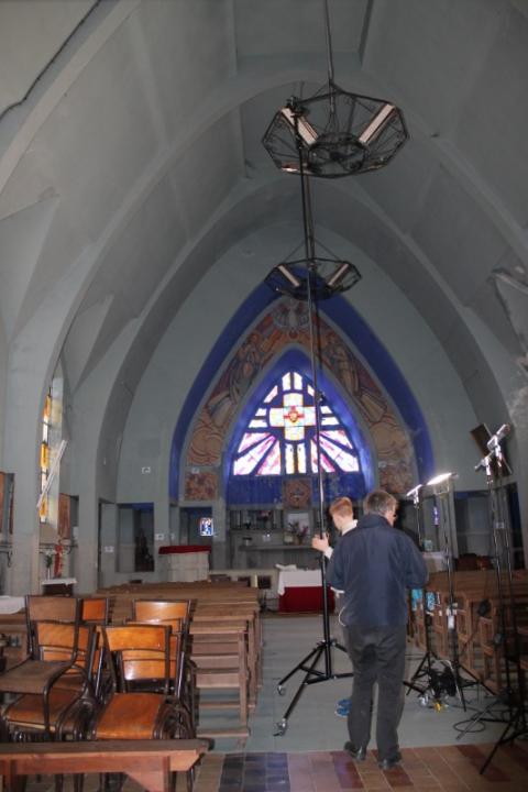 Relevé numérique intérieur photogrammétrie intérieur nef de l'Eglise de Brancourt en Laonnois par le Cabinet C.T.A Caroline Thibault Architecte Utilisation d'un mât photogrammétrique 8,00 m de haut